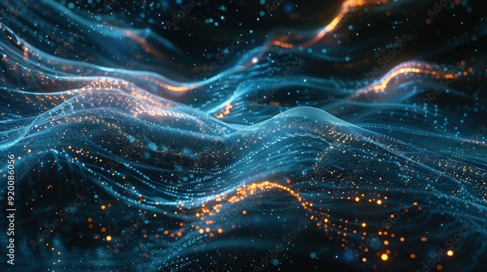 Poster digital waves forming holographic shapes, cosmic data streams intertwining with digital stars in spa