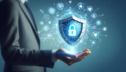 Person holding magic shield with security icons on clean background - symbolizing security service delivery. Photo Stock Concept.
