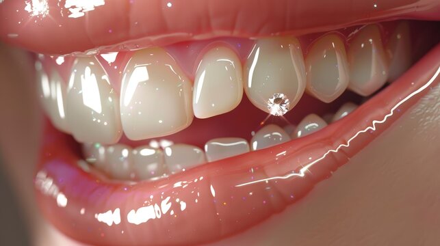Close-up of a smiling mouth with shiny teeth, with a sparkling gemstone on one tooth.