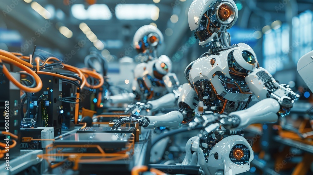 Poster futuristic factory with advanced robots assembling electronics amidst industrial machinery and equip