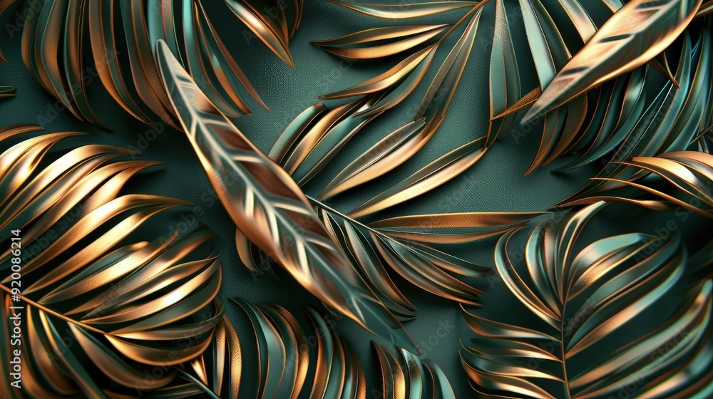 Poster geometric abstract with palm leaves metallic geometric shapes intersecting, adorned with hand-drawn 