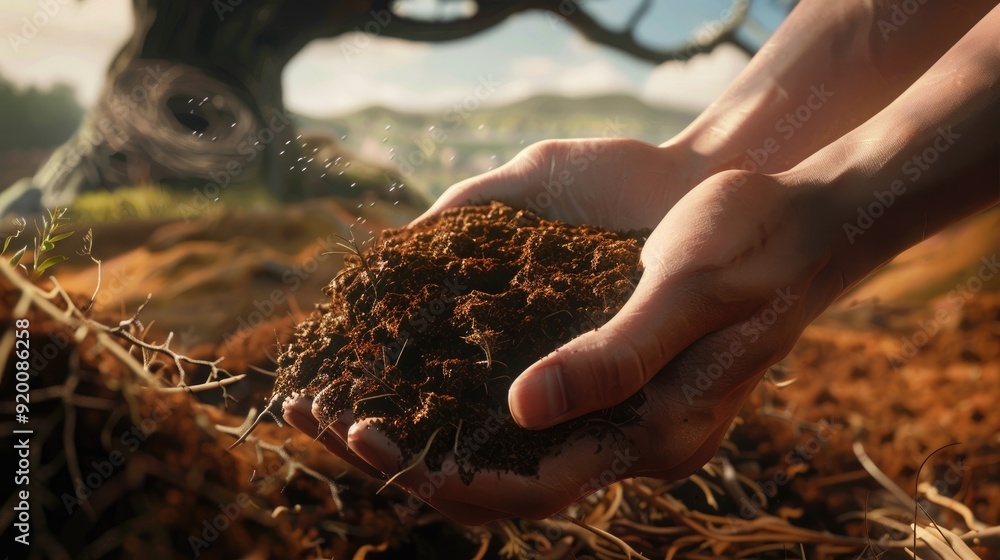 Aufkleber hands holding rich soil in a field, under a tree with a bird nest in the background.