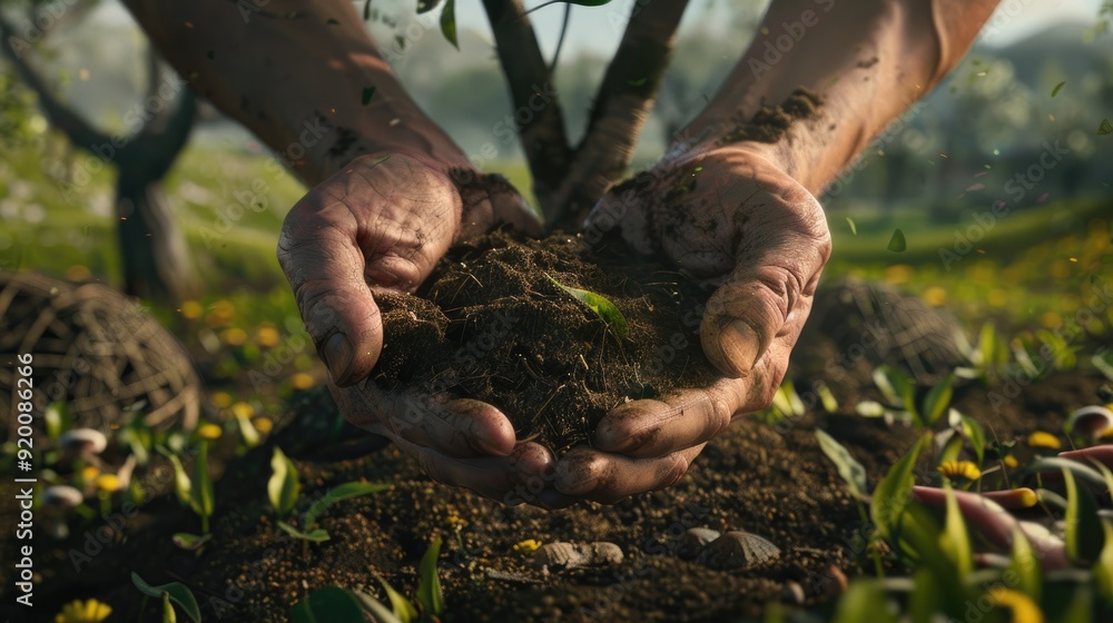 Aufkleber hands holding rich soil in a field, under a tree with a bird nest in the background.