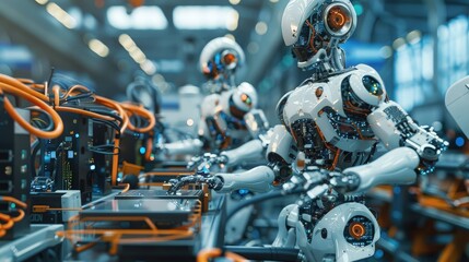 Fototapeta premium Futuristic factory with advanced robots assembling electronics amidst industrial machinery and equipment.