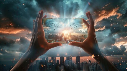 Hands framing a play symbol with icons, city skyline in background, add some birds in the sky.