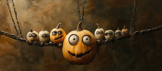 Fototapeta premium Quirky Cartoon Pumpkins Hanging on Chains in a Halloween-Themed Artwork