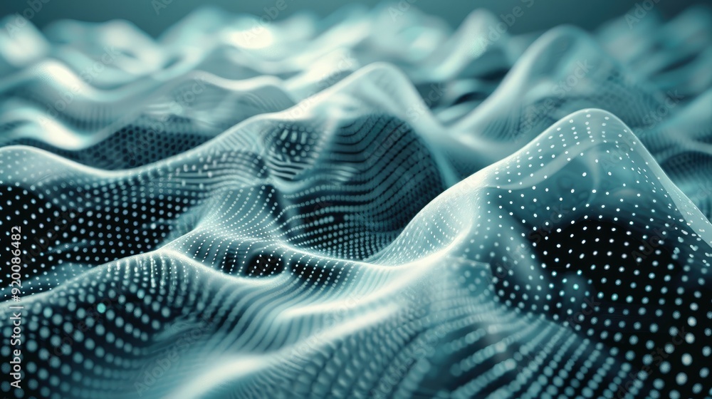 Poster patterned halftone dots forming waves with distorted reflections, enhance abstract effect with futur