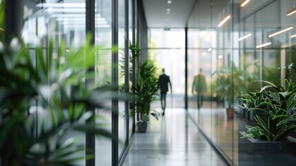 Office hallway with blurred figures walking, plants visible through glass wall. Dynamic atmosphere.