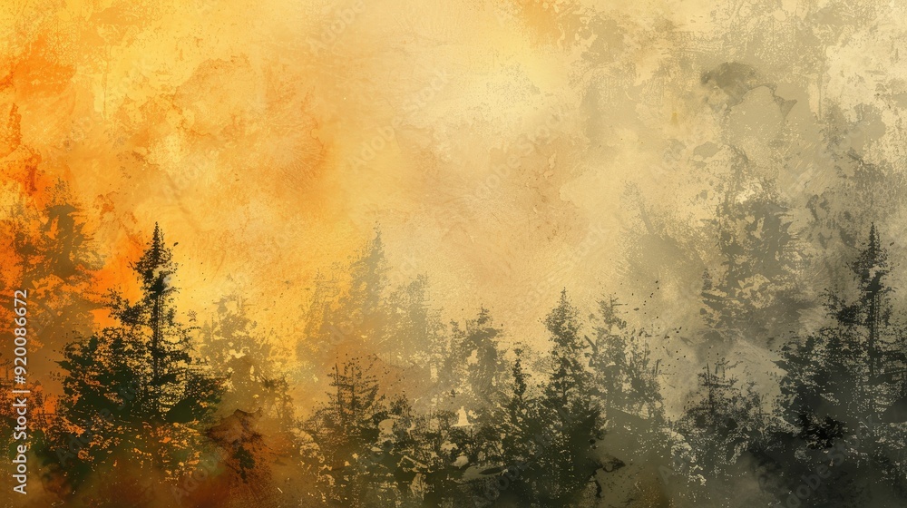 Poster textured background with abstract brush strokes and subtle tree silhouettes.