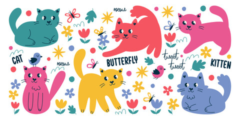 Cute colorful hand drawn little cats playing with butterfly surrounded flower blossom childish set