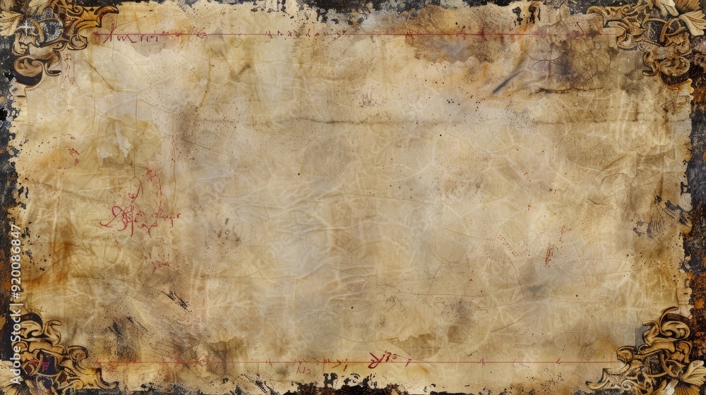 Poster worn parchment paper texture with medieval symbols and a subtle, intricate border design.