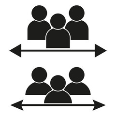 Social distancing icon. Three people silhouettes with directional arrows. Black and white design.