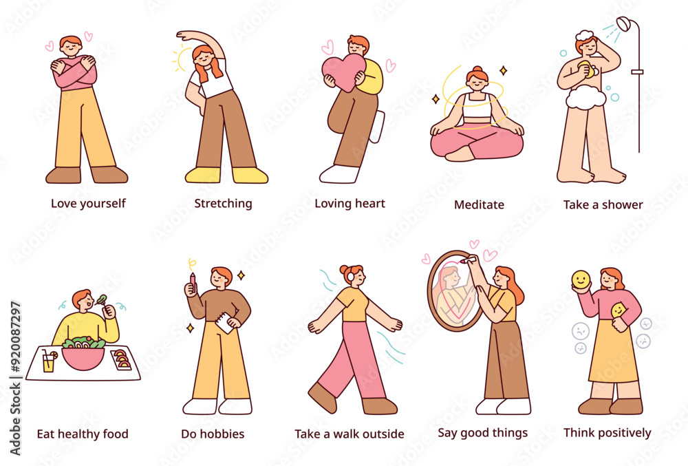 Poster a collection of various ways to maintain a healthy mentality with a positive mind. outline simple ve