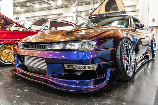 New York City, USA - March 27, 2024: Nissan Silvia 240sx s14 tuning sport coupe car at New York International Auto Show, corner view