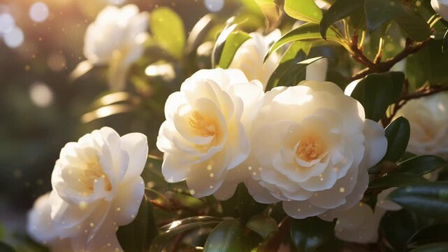 Delicate white camellia blossoms thrive in a lush garden, illuminated by soft sunlight in the tranquil atmosphere of spring, light bokeh