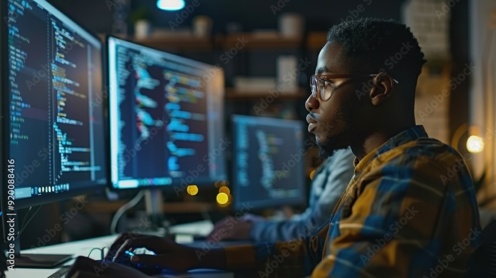 Poster a focused programmer with glasses working late at night in an office.