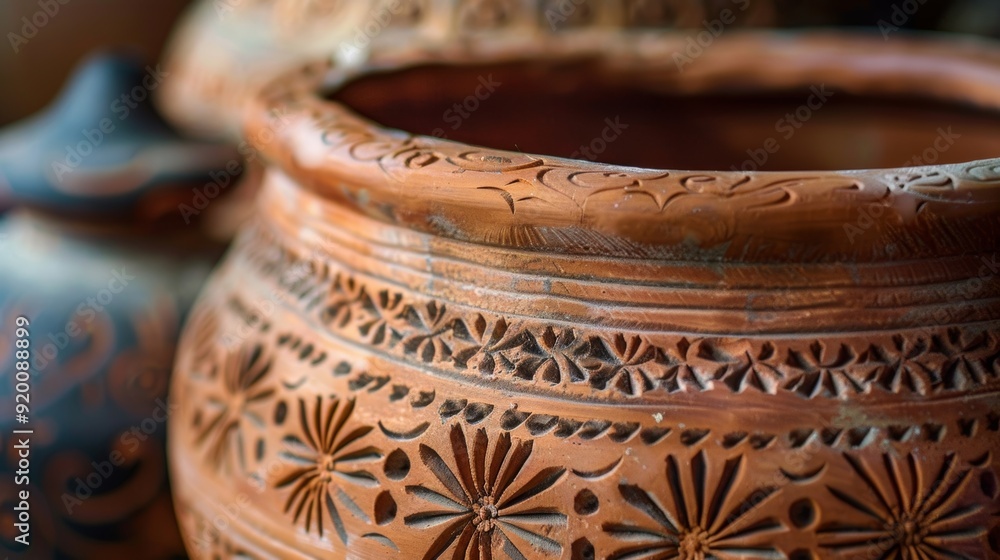 Poster the intricate patterns and designs etched into the surface of this clay pot showcase the skill and a