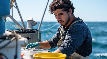 Obraz premium A Fisherman Sorting His Catch on a Boat