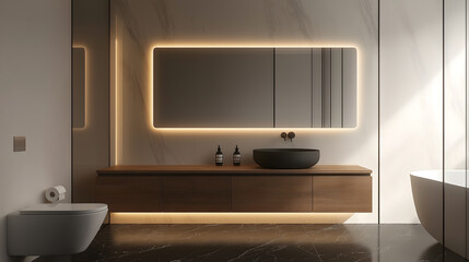 Minimalist bathroom design with a floating vanity and modern fixtures.