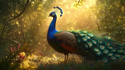 Fototapeta premium A majestic peacock with vibrant plumage, standing in the lush forest under dappled sunlight
