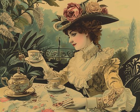 Elegant Victorian Lady Enjoying Afternoon Tea in Luxurious Garden Illustration