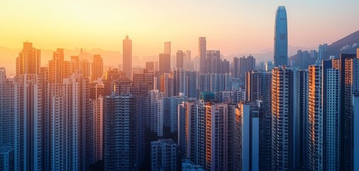 Fototapeta premium Stunning cityscape at sunset showcasing tall skyscrapers, modern architecture, and a vibrant urban environment bathed in warm evening light.