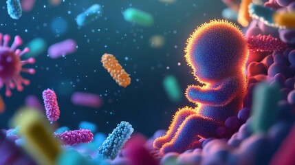 Baby Microbiome the infant gut microbiome genetic material of all the microbes 3d illustration. with copy space image. Place for adding text or design. 3d infant. Illustrations