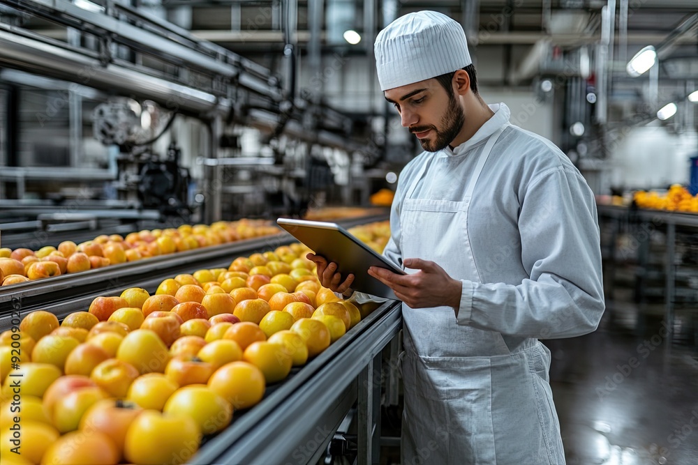 Poster a man in a white apron is looking at a tablet while standing in front of a row of oranges