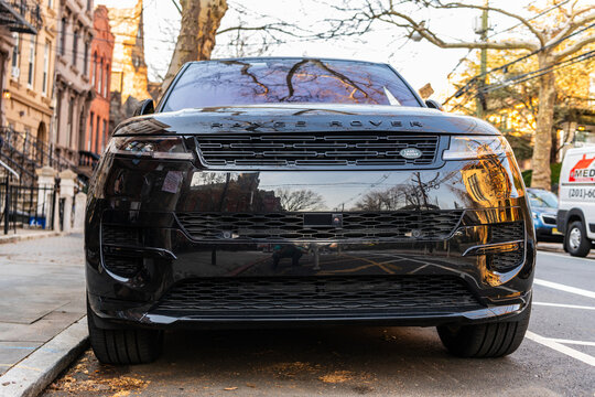 New York City, USA - March 15, 2024: Range Rover Sport or Velar modern car parked outdoor, front view