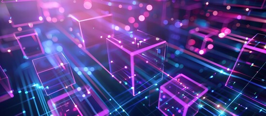 Obraz premium Abstract 3D background with glowing neon cubes and lines.
