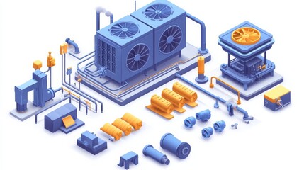 Water cooled machine construction flat isometric system 3d illustration. 3d fan. Illustrations