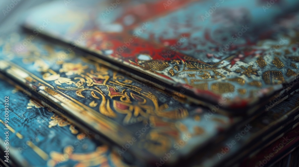 Poster a macro shot of a vintage playing cards edges revealing the intricate embossed patterns and subtle g