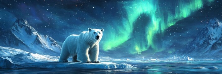 Fototapeta premium Arctic wilderness banner design, polar bears on floating ice, northern lights spectacle