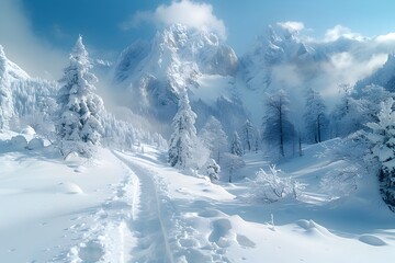 Fototapeta premium Majestic Snowy Mountain Range Against Clear Blue Sky - Alpine Scenery