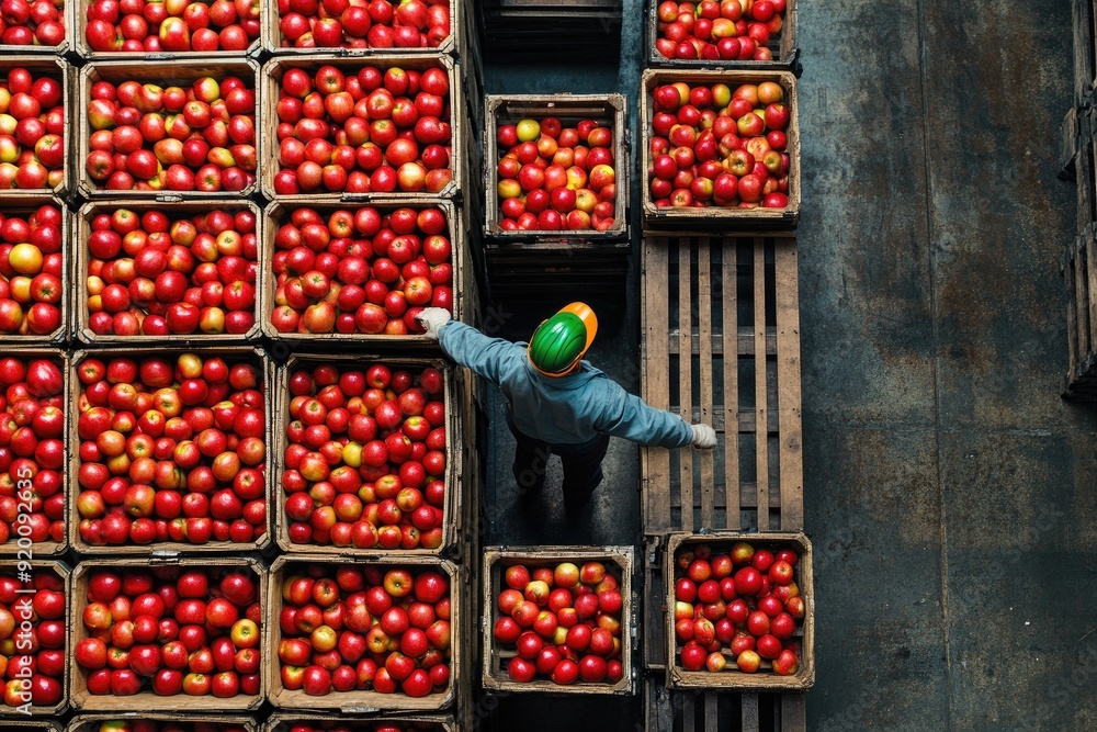 Poster a worker is standing in front of a crate of apples. the apples are red and are piled high in the cra