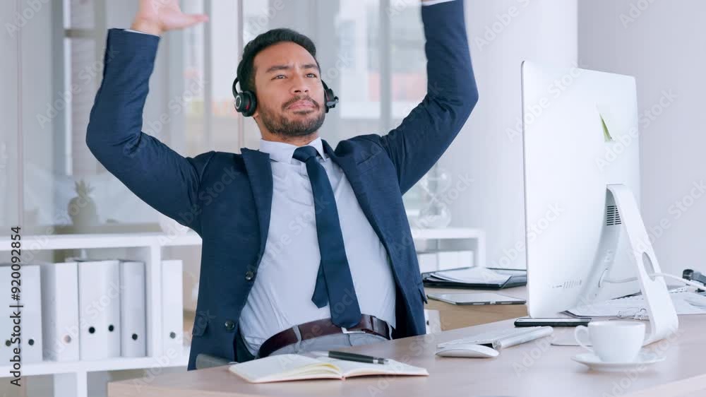 Poster Confident male call centre agent talking on headset and looking relaxed while working in an office. Successful and funny salesman consulting and operating a helpdesk for customer service and support