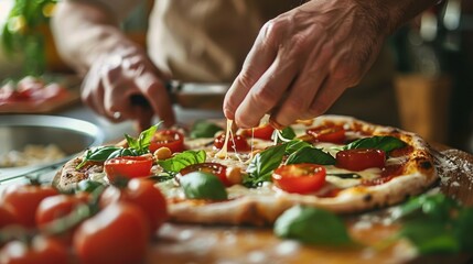 Hand Stretching Mozzarella Cheese on a Pizza with Tomatoes and Basil