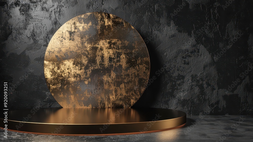 Poster abstract composition with a gold and black circular platform