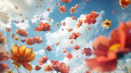A stunning, breathtaking display of colorful flowers gently dancing in the vast sky alongside fluffy clouds