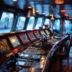 Control panel of a cruise ship at night.