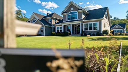 A sign indicating For Sale stands in front of a contemporary home in a sunny suburban area, highlighting a lush green lawn and clear blue sky.