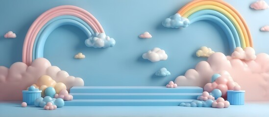 Charming Baby Product Display: A Blue Cloud Podium Scene with Rainbow Accents Perfect for Showcasing Children's Items.