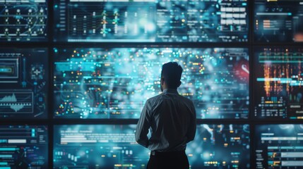 Ai Businessman working with modern interface Business analytics Big data technology and data science. Data flow concept.Business computing digital composite. 