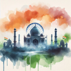 illustration of building icon in india with indian flag background in water color style commemorating independence day