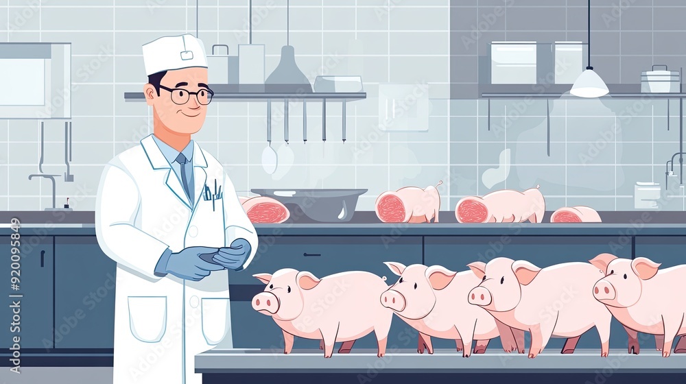 Poster a man in a white lab coat is standing in front of a group of pigs. the scene is set in a butcher sho