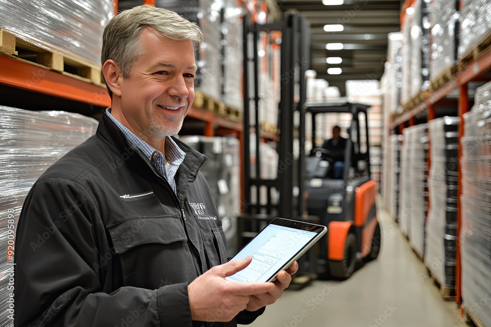 Poster a man in a black jacket is smiling and holding a tablet in a warehouse. he is likely using the table
