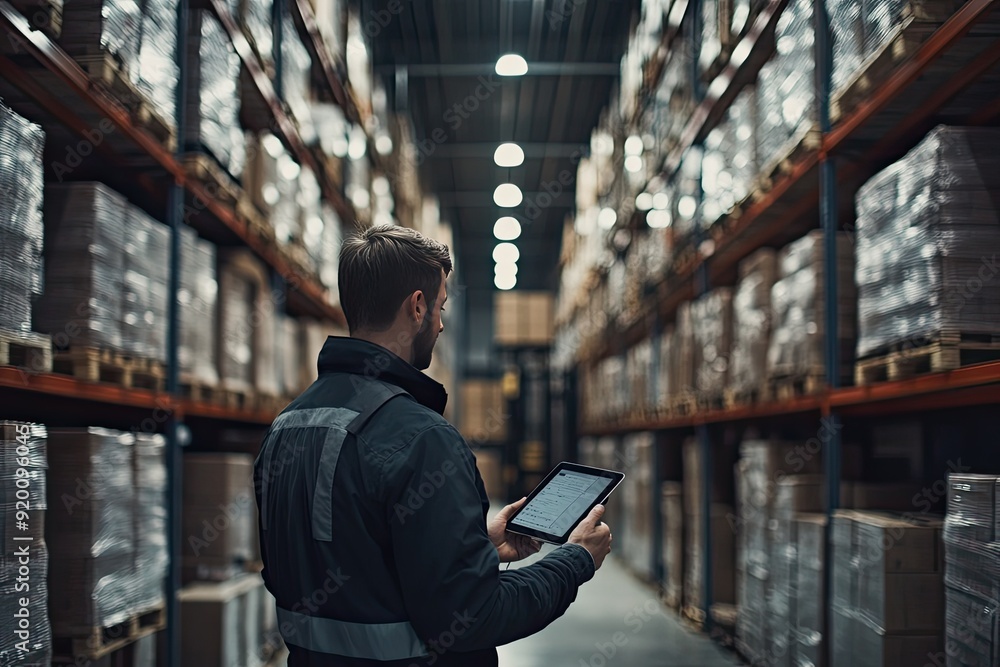 Poster a man in a warehouse is using a tablet to scan a box. the warehouse is filled with boxes and shelves
