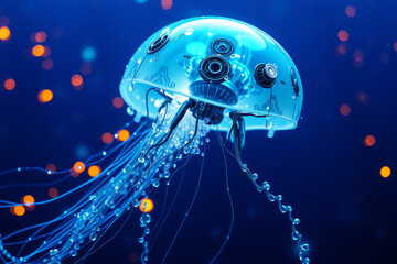 A futuristic AI-powered robotic jellyfish glowing in the deep ocean, its metallic and illuminated body creating a stunning contrast in the dark waters.