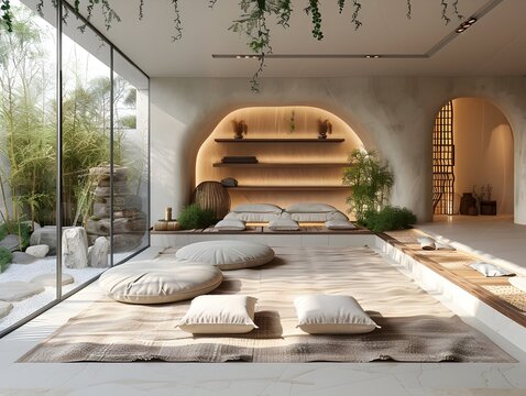 Tranquil Zen Meditation Room with Soft Lighting and Minimalist Decor for Serene Relaxation and Mindfulness