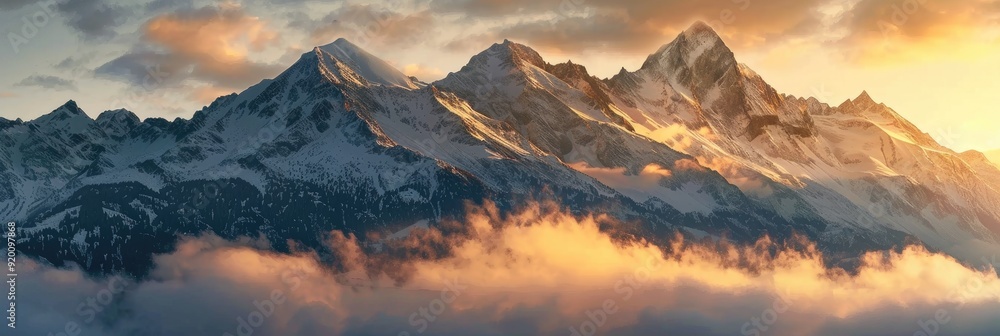 Poster snow-covered mountain range with sunlit peaks at dawn and a hint of fog in the foreground.